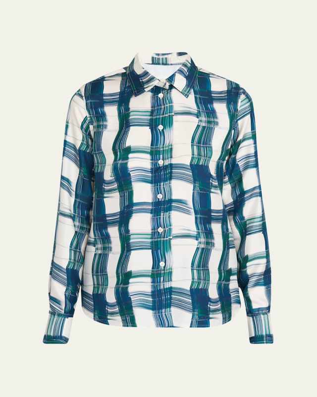 Brushstroke Check Button Down Silk Blouse
